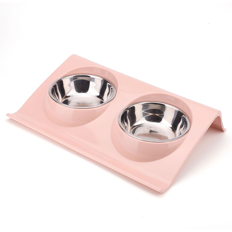 Pet Double Bowl Food Feeder Stainless Steel Cat Food Bowl Splash-proof Food Slope Plastic Non-slip Pet Dog Bowl Pet Supplies