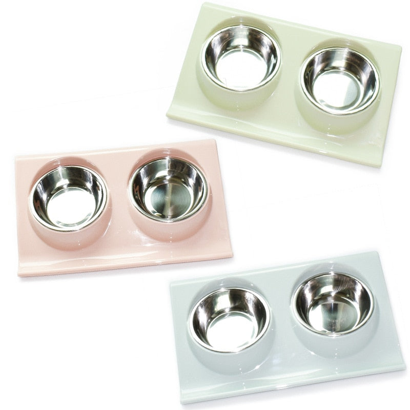 Pet Double Bowl Food Feeder Stainless Steel Cat Food Bowl Splash-proof Food Slope Plastic Non-slip Pet Dog Bowl Pet Supplies