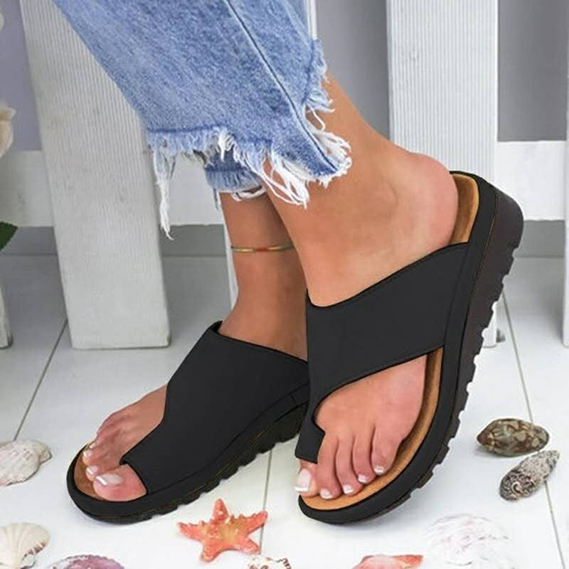 Women PU Leather Shoes Comfy Platform Flat Sole Ladies Casual Soft Big Toe Foot Correction Sandal Orthopedic Bunion Corrector