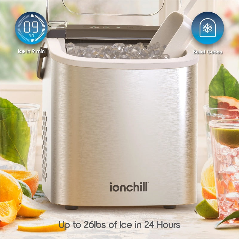 Ionchill Quick Cube Ice Machine, 26lbs/24hrs Portable Countertop Bullet Ice Maker