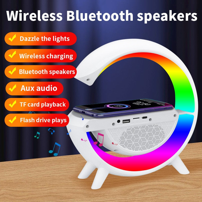 Smart APP LED RGB Night Light Atmosphere Desk Lamp Alarm Clock Speaker Wireless Charger for iPhone Samsung Room Decor Desktop