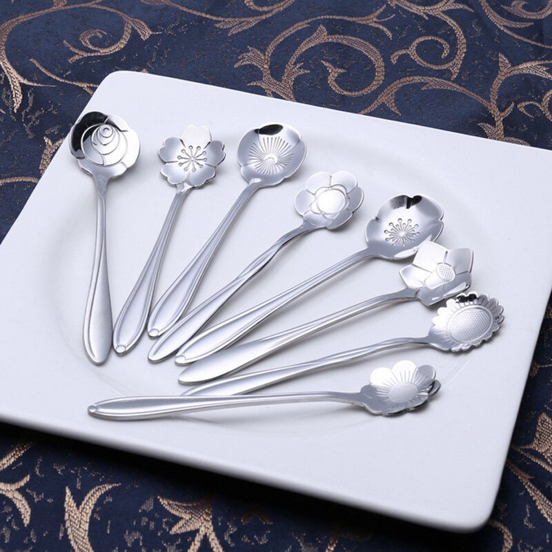 8 PCS Flower Spoons Set Small Teaspoons Stainless Steel Coffee Spoons Lovely Ice Cream Dessert Spoons Spoon Set  Dinnerware Set