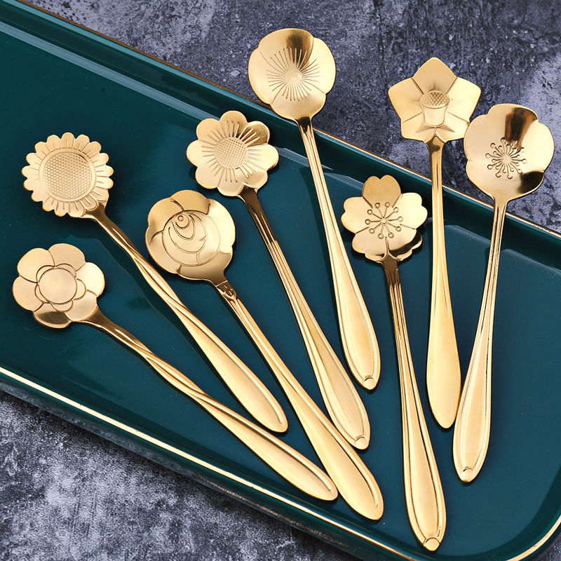 8 PCS Flower Spoons Set Small Teaspoons Stainless Steel Coffee Spoons Lovely Ice Cream Dessert Spoons Spoon Set  Dinnerware Set