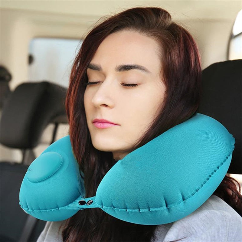 U-Shape Travel Pillow Automatic Air Inflatable Airplane Car Pillows Ring Pillow Folding Press Type Bed Pillows Neck Cushion 2