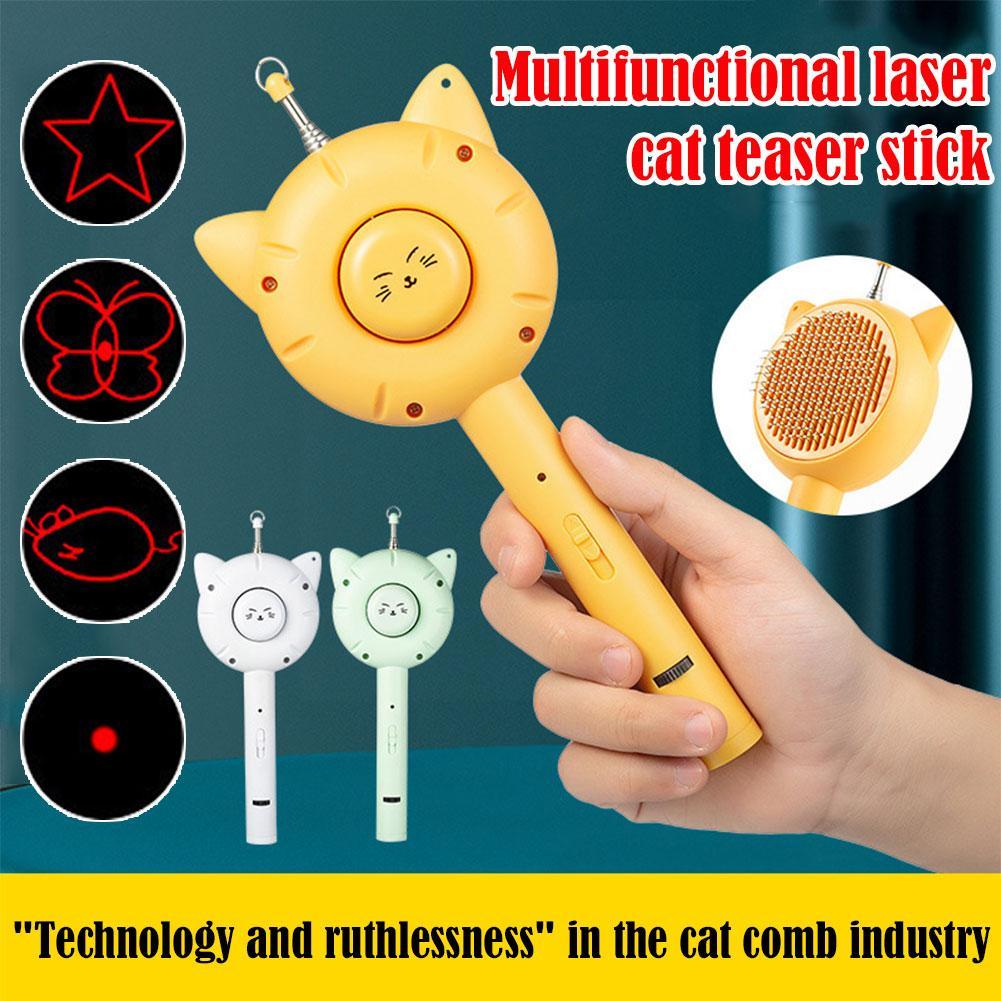 2IN1 Pet Grooming Comb Cat Shedding Brush Hair Fur Remover Combs Cat Stick Toys Laser Cat Toy For Kitten Playing Teaser Wan M3X4