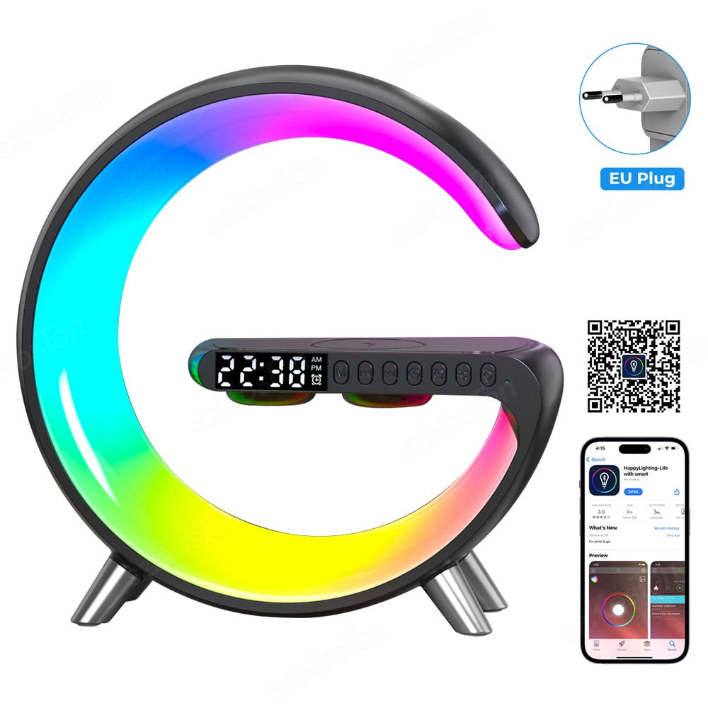 Smart APP LED RGB Night Light Atmosphere Desk Lamp Alarm Clock Speaker Wireless Charger for iPhone Samsung Room Decor Desktop