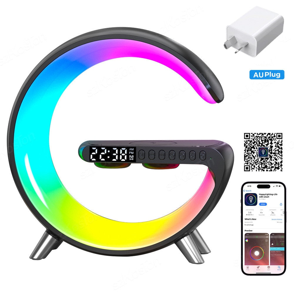 Smart APP LED RGB Night Light Atmosphere Desk Lamp Alarm Clock Speaker Wireless Charger for iPhone Samsung Room Decor Desktop