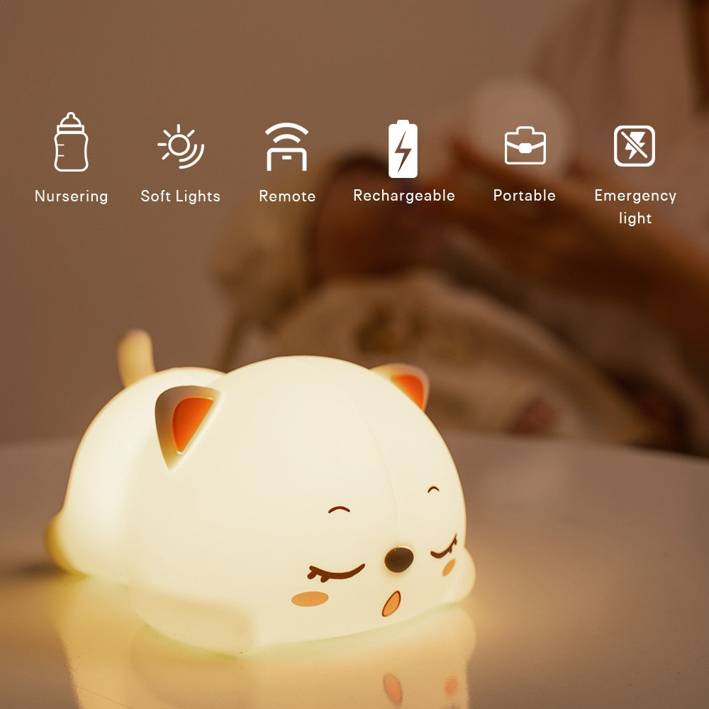 Silicone Cat LED Night Light Touch Sensor Remote Control Colorful USB Rechargeable Bedroom Bedside Lamp for Children Baby Gift