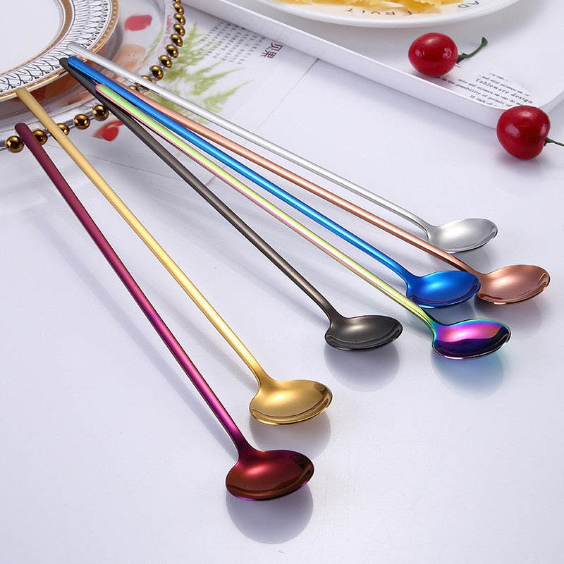 Rainbow Color Coffee Tea Stir Spoon Long Handle Ice Cream Dessert Spoons Eco-Friendly Stainless Steel Tableware Kitchen Supplies