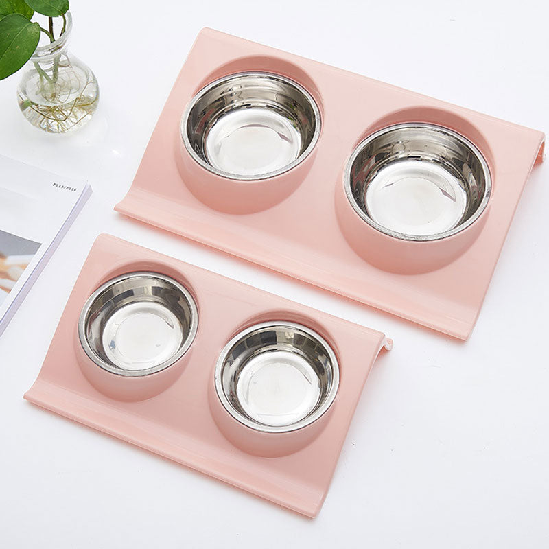 Pet Double Bowl Food Feeder Stainless Steel Cat Food Bowl Splash-proof Food Slope Plastic Non-slip Pet Dog Bowl Pet Supplies