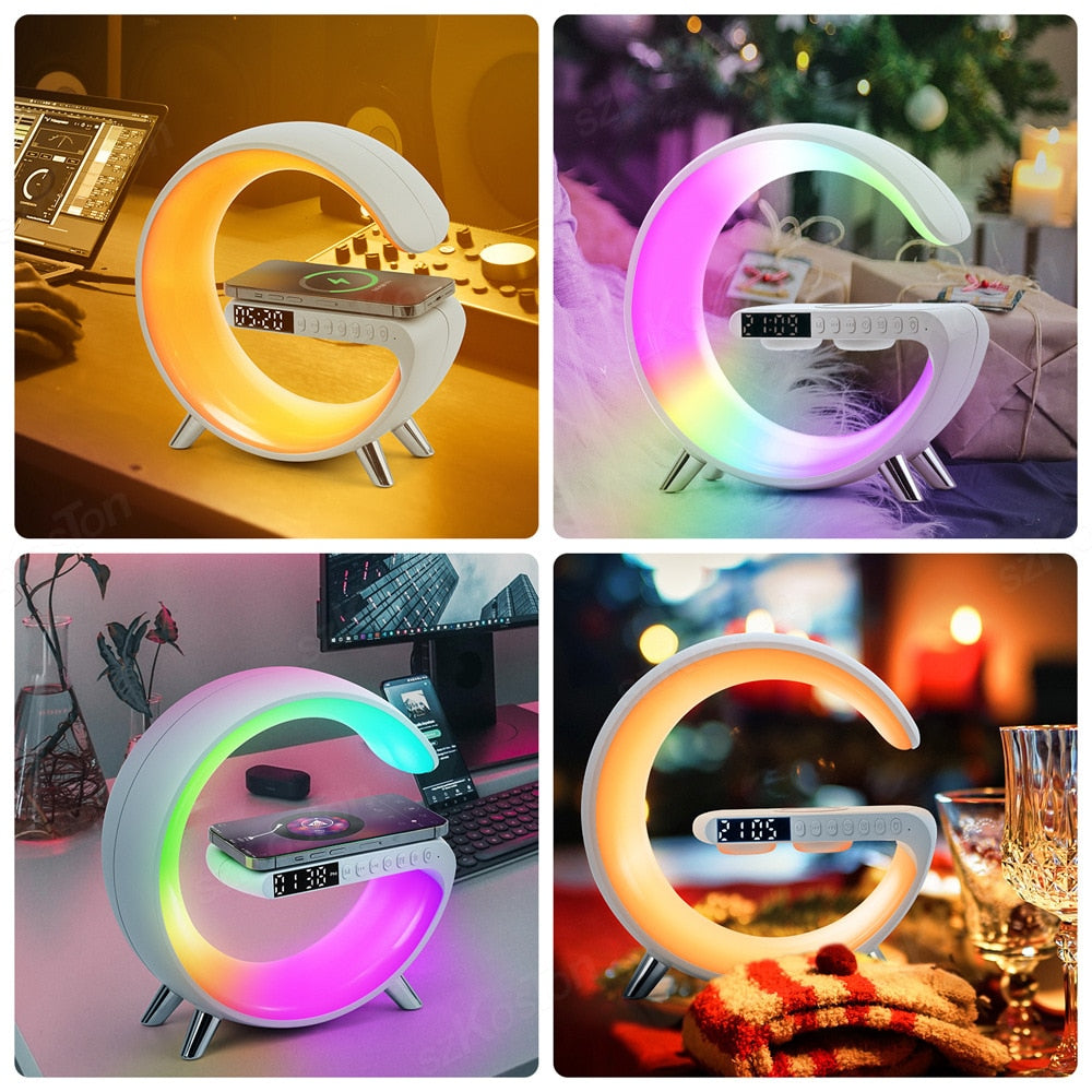 Smart APP LED RGB Night Light Atmosphere Desk Lamp Alarm Clock Speaker Wireless Charger for iPhone Samsung Room Decor Desktop