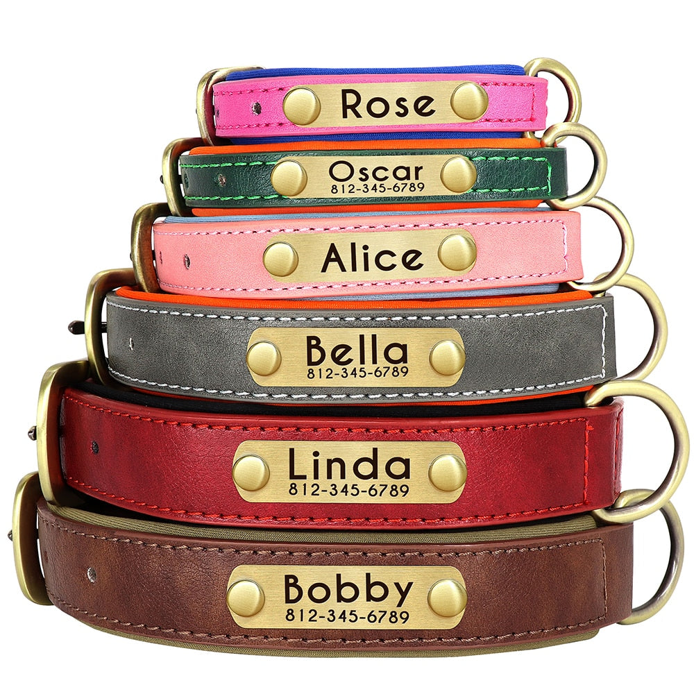 Customized Leather ID Nameplate Dog Collar Soft Padded Dogs Collars Free Engraving Name for Small Medium Large Dogs Adjustable