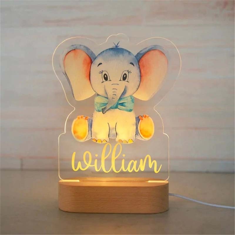 Personalized Baby Elephant Lion LED USB 7 Colors Night Light Custom Name Acrylic Lamp For Kids Children Bedroom Home Decoration