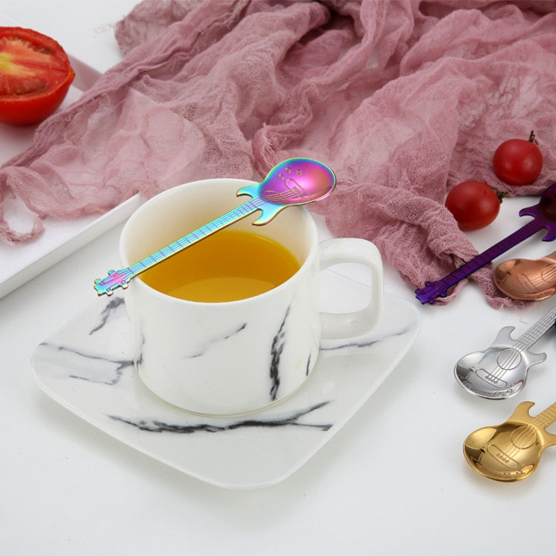 Stainless Steel Guitar Shaped Love Coffee Spoon Teaspoon Children Spoon New Beautiful 7 Colors Coffee Tea Use Kitchen Spoon