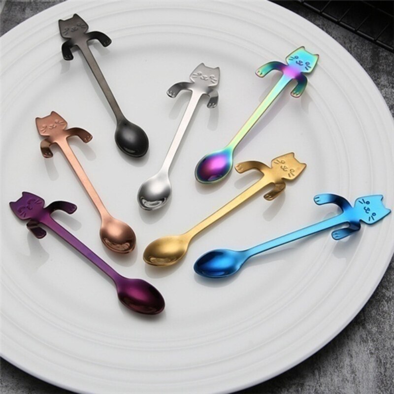 Stainless Steel Coffee Spoon Lovely Cute Cat Shape Teaspoon Dessert Snack Scoop Ice Cream Mini Spoons Tableware Kitchen Tools