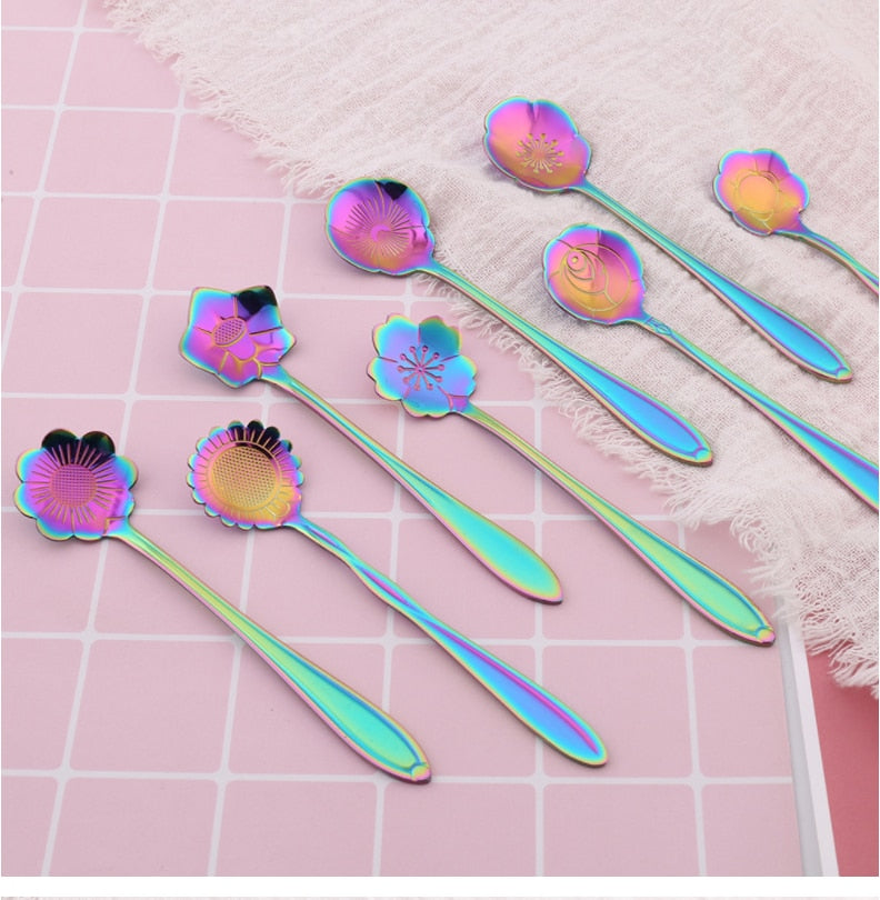 8 PCS Flower Spoons Set Small Teaspoons Stainless Steel Coffee Spoons Lovely Ice Cream Dessert Spoons Spoon Set  Dinnerware Set