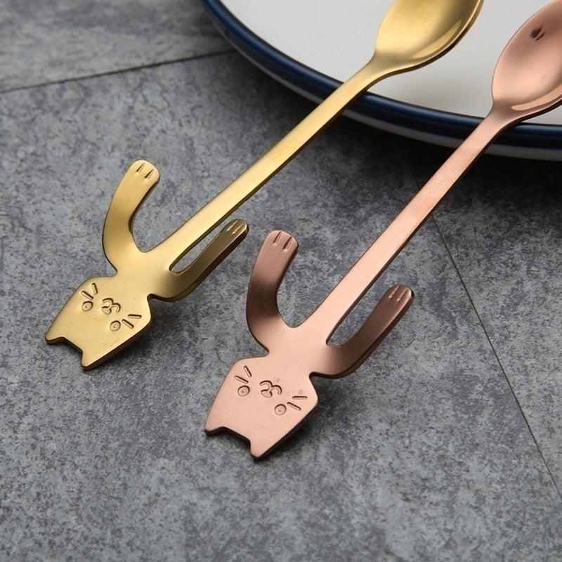 Stainless Steel Coffee Spoon Lovely Cute Cat Shape Teaspoon Dessert Snack Scoop Ice Cream Mini Spoons Tableware Kitchen Tools