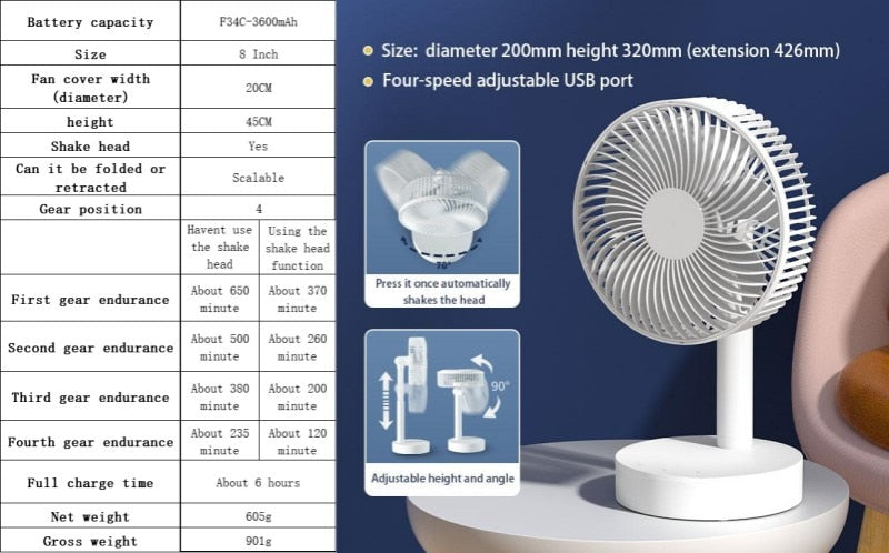 KASYDoFF power bank electric fan shaking head fan, 4-speed wind regulation, quiet and comfortable living room, bedroom