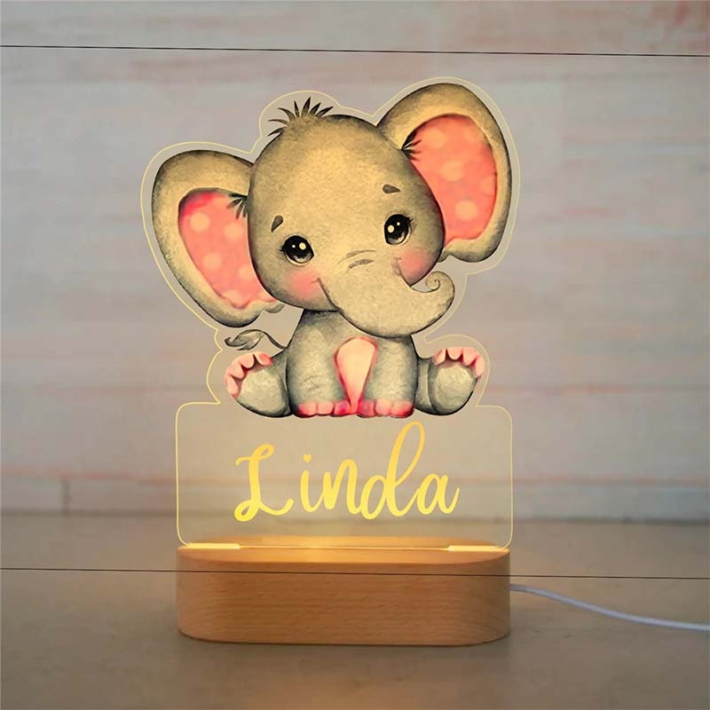 Personalized Baby Elephant Lion LED USB 7 Colors Night Light Custom Name Acrylic Lamp For Kids Children Bedroom Home Decoration