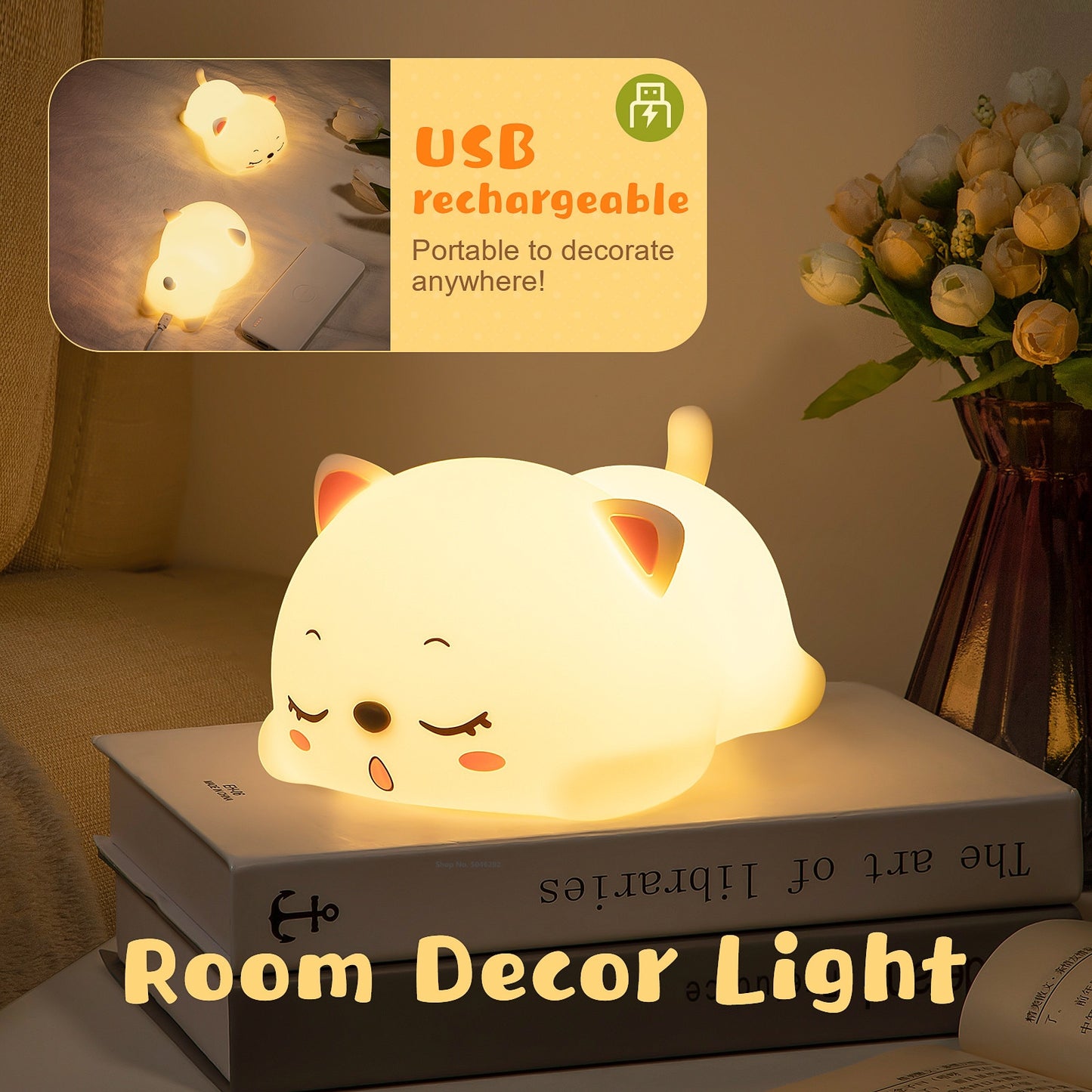 Silicone Cat LED Night Light Touch Sensor Remote Control Colorful USB Rechargeable Bedroom Bedside Lamp for Children Baby Gift