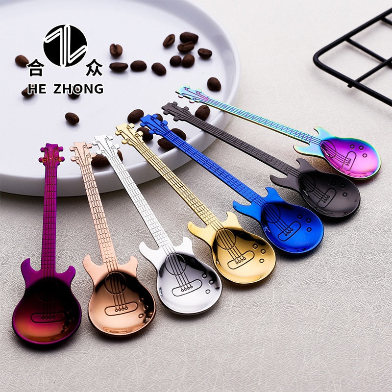 Stainless Steel Guitar Shaped Love Coffee Spoon Teaspoon Children Spoon New Beautiful 7 Colors Coffee Tea Use Kitchen Spoon