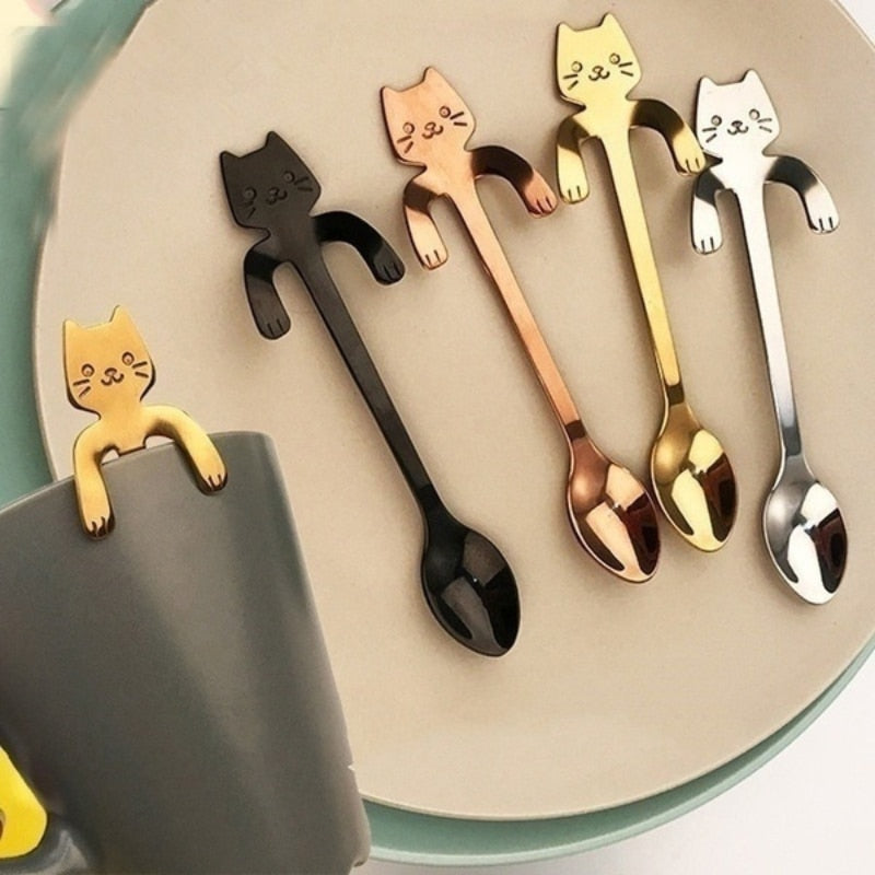 Stainless Steel Coffee Spoon Lovely Cute Cat Shape Teaspoon Dessert Snack Scoop Ice Cream Mini Spoons Tableware Kitchen Tools