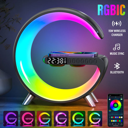 Smart APP LED RGB Night Light Atmosphere Desk Lamp Alarm Clock Speaker Wireless Charger for iPhone Samsung Room Decor Desktop