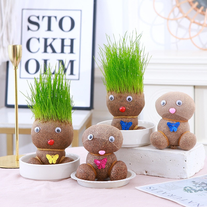 Room Decor Home Decoration Small Growing Grass Head Doll Plant Beautiful Children Gift Indoor Balcony Baby Pot Planters